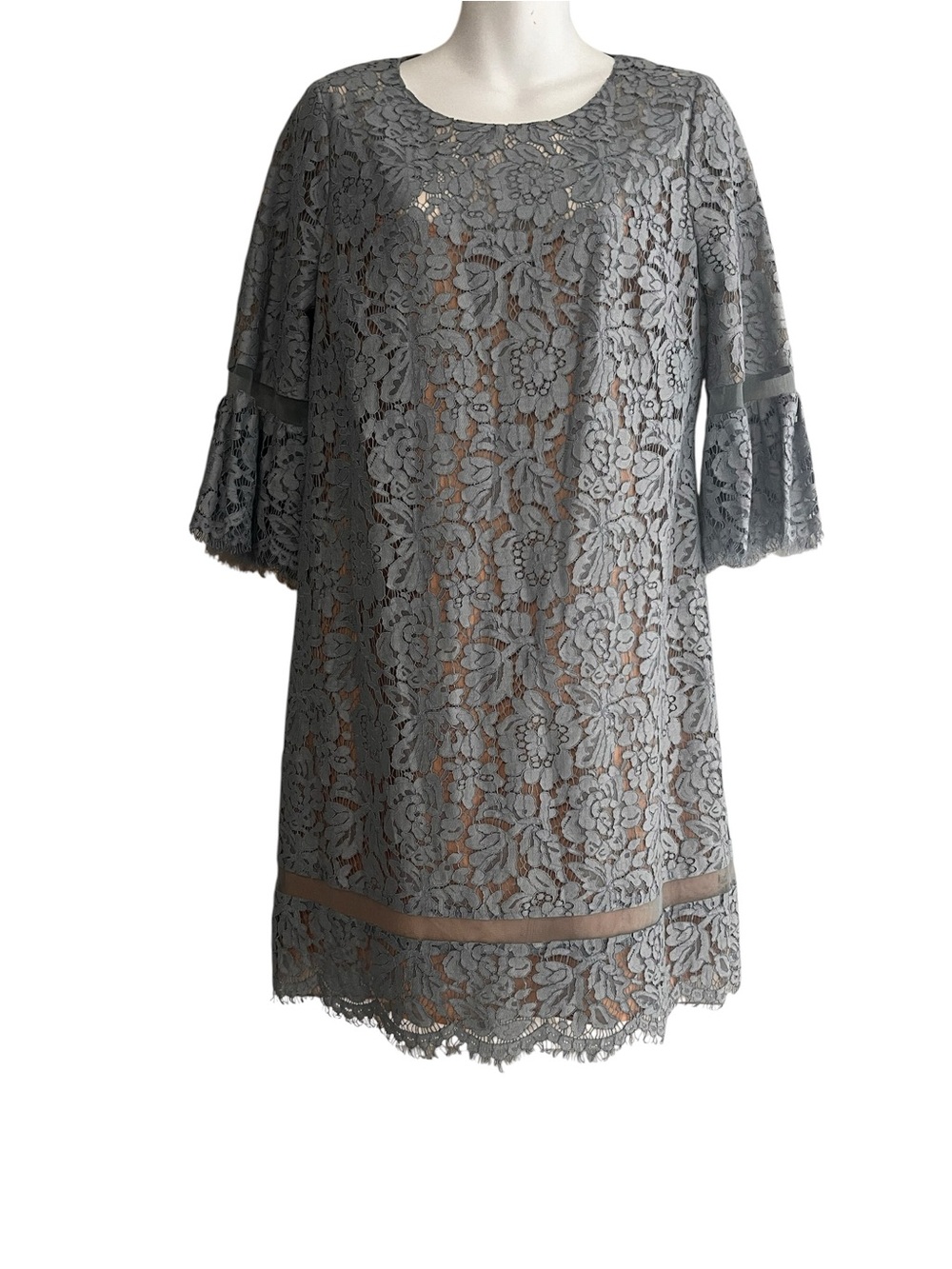 BCBGMaxAzria Light Blue Floral Lace Shift Dress with Bell Sleeves